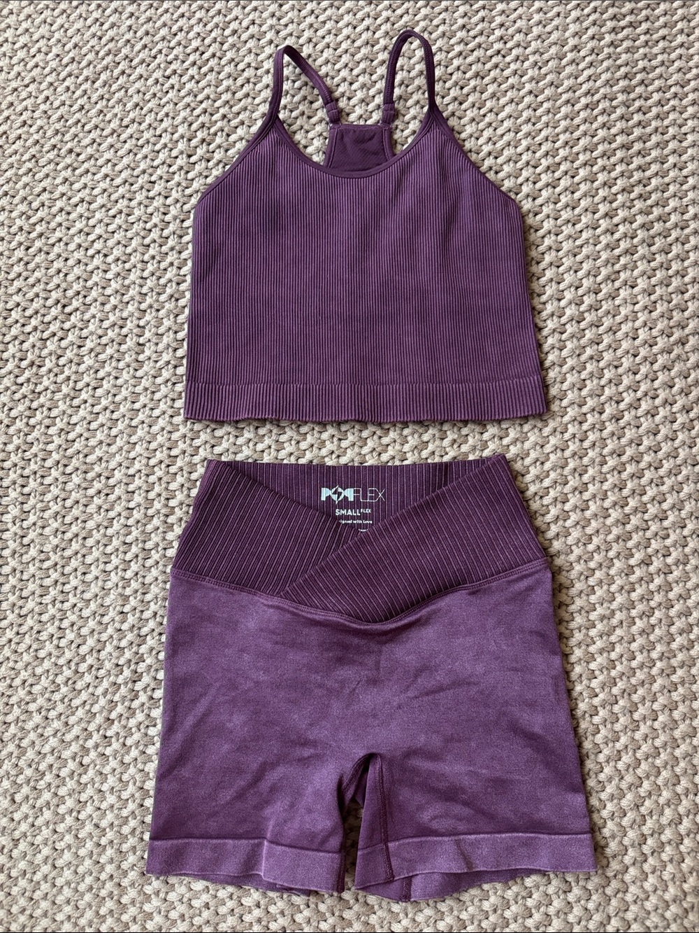 POPFLEX Ribbed Mauve Activewear Set Sports Bra & Crossover Shorts Small